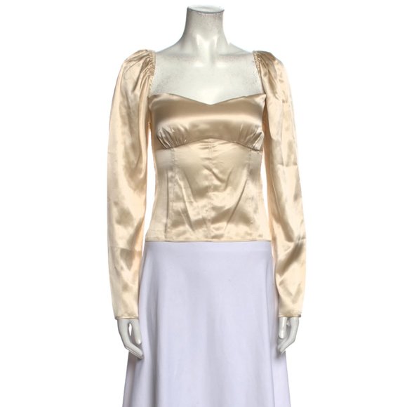 Reformation Roe Shirred Satin Silk Gold Champagne Blouse Top US 8| Medium - Picture 7 of 10